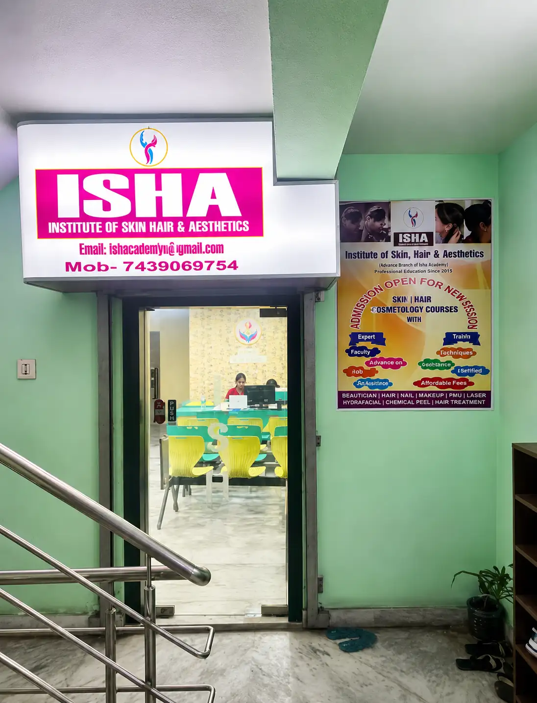 Isha Skin Care Institute of Skin Hair & Aesthetics clinic entrance at 54/13 B.R.B. G.T. Road, Bhadrakali, Uttarpara, District Hooghly, West Bengal 712232 offering skin, hair and aesthetic treatments.