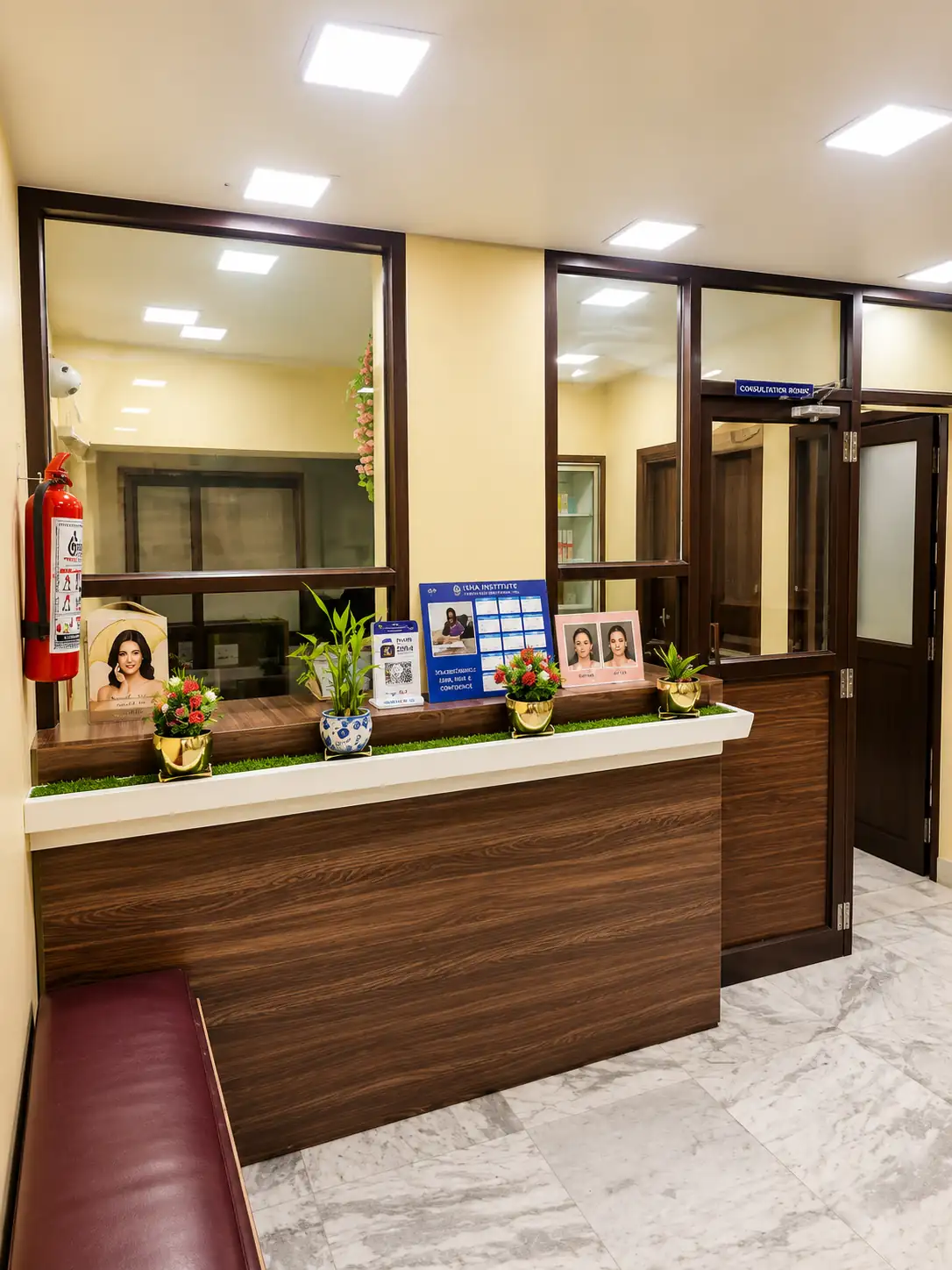 Reception desk of Isha Skin Care Institute of Skin Hair & Aesthetics in Uttarpara, Hooghly, West Bengal providing dermatology, hair care and cosmetic treatments.