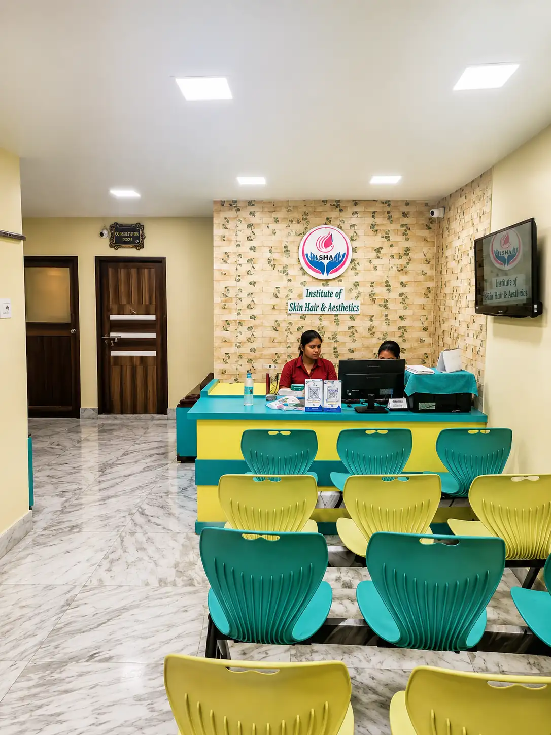 Reception and patient waiting area at Isha Skin Care Institute of Skin Hair & Aesthetics, 54/13 B.R.B. G.T. Road, Bhadrakali, Uttarpara, District Hooghly, West Bengal 712232.