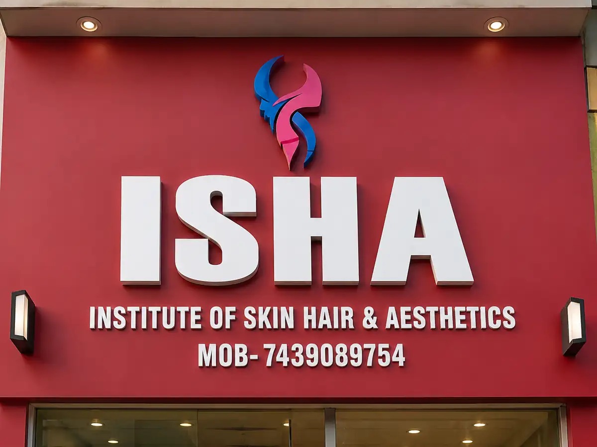 Official Isha Skin Care Institute of Skin Hair & Aesthetics signage located at 54/13 B.R.B. G.T. Road, Bhadrakali, Uttarpara, District Hooghly, West Bengal 712232, India.